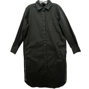 DKNY Waxed Black Long Shirt Dress Small  Double Zip‎ Hem Button Front Gothic